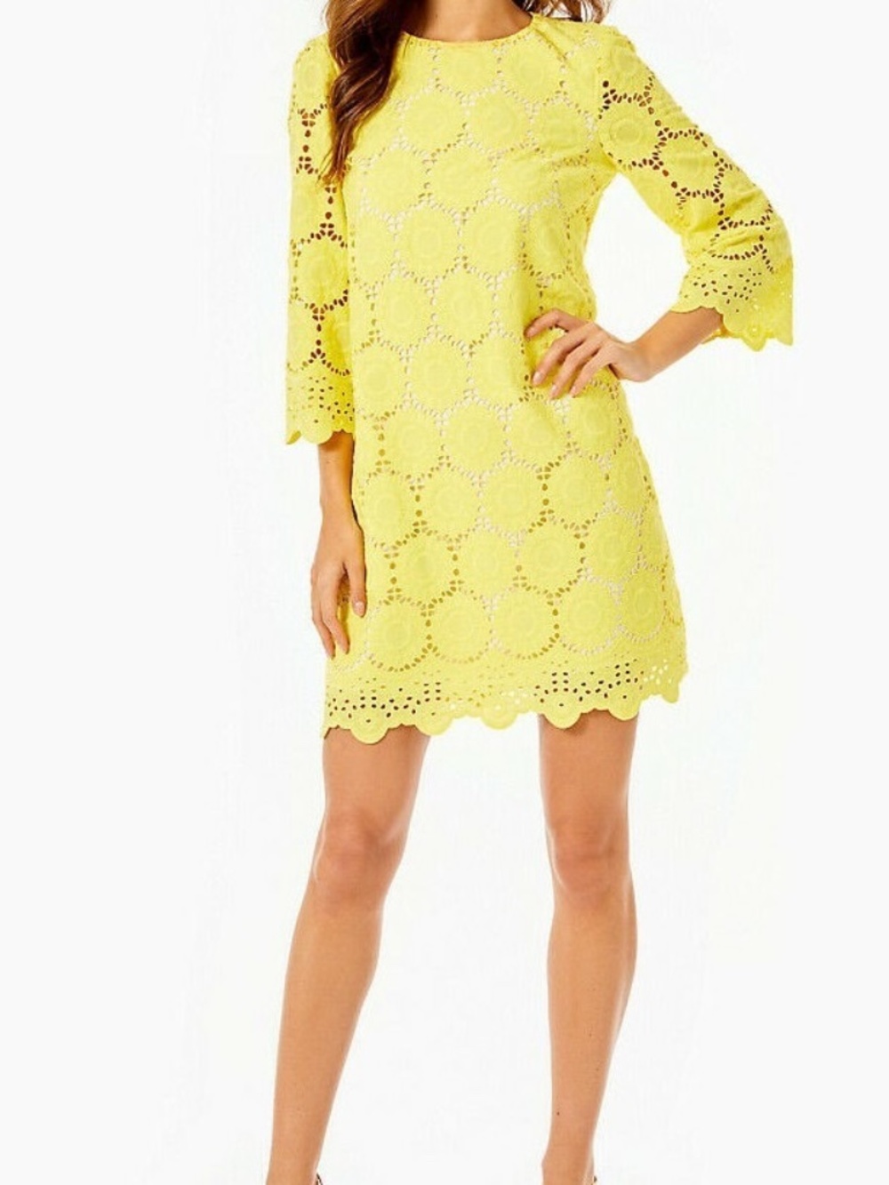 NWT LILLY PULITZER MARIELLA Lemon Yellow SCALLOP EYELET 3/4 SLEEVE Mini DRESS